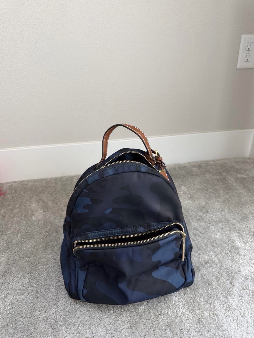 Tommy Hilfiger Navy Camo Mini Backpack with Brown Handle